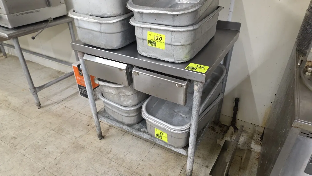 Stainless steel work table. Features stainless steel top with rear backsplash, (2) pull-out drawers, and galvanized undershelf. Dimensions: 3' x 2'6".