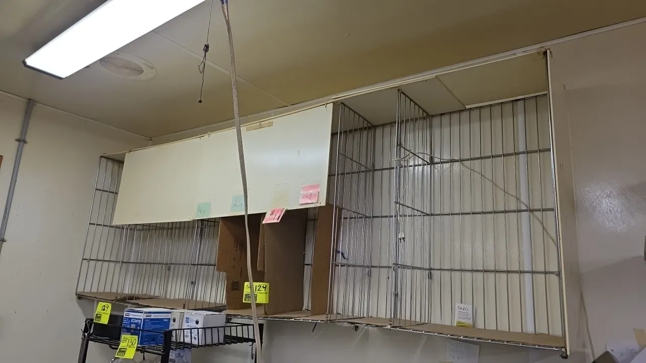 Wall-mounted wire storage shelving unit. Features multi-compartment chrome-tone wire frame construction, upper laminate panels, and vertical dividers.