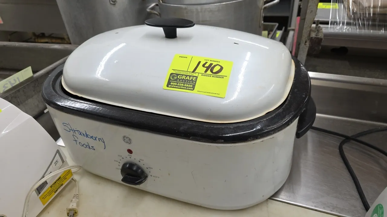 GE 169012 electric roaster. Features removable roasting pan, lid with handle, and adjustable temperature control dial up to 450°F. Electrical: 120V, 6