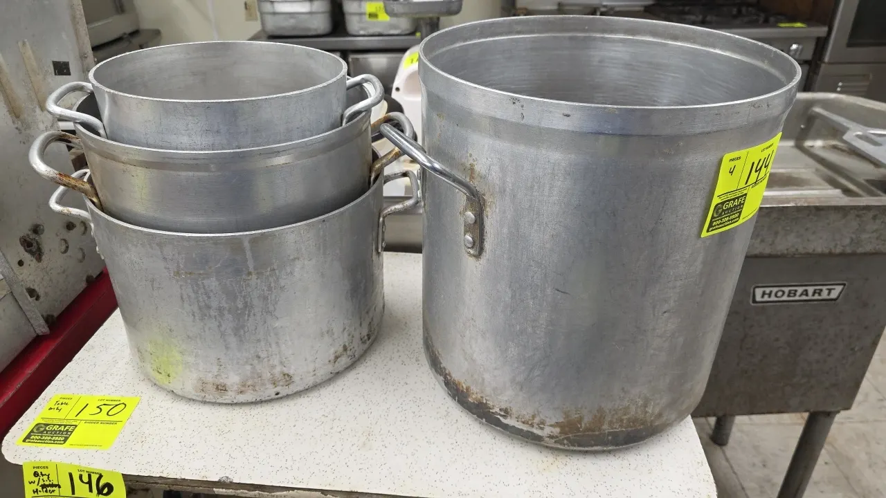 Aluminum stock pots. Features aluminum construction with dual riveted side handles in assorted sizes. Lids not included.