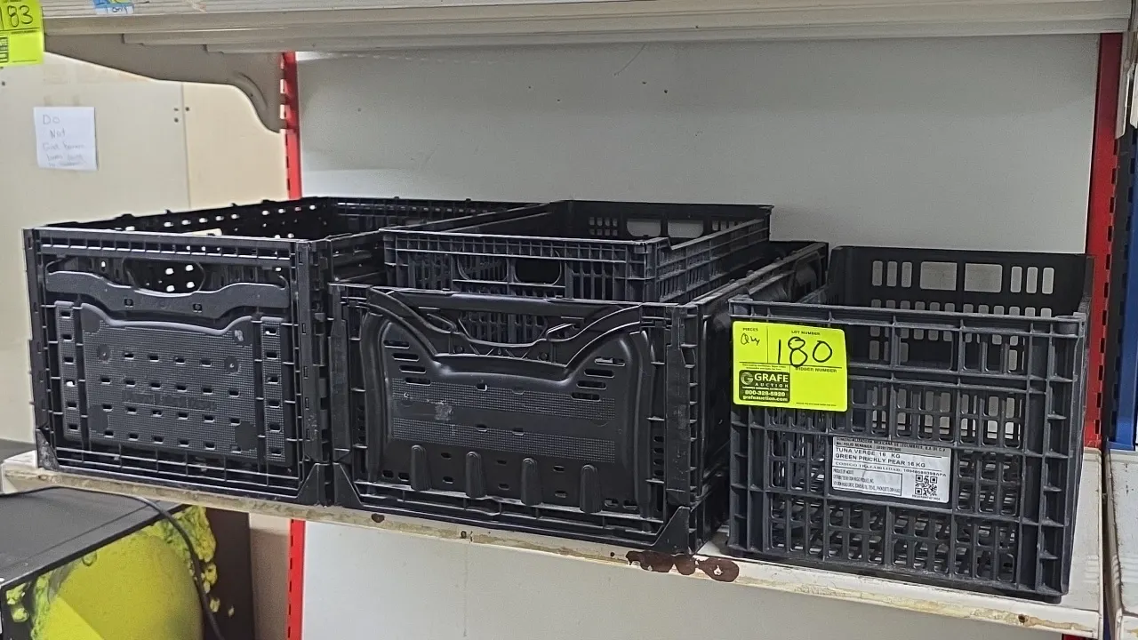 Assorted poly produce bins. Features molded black plastic construction with vented sides and integrated handles. Includes collapsible and rigid styles