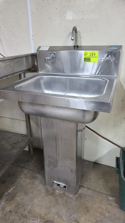 Advance stainless steel foot-operated hand sink. Features a gooseneck spout, integrated backsplash, backsplash-mounted soap dispenser, and foot pedals