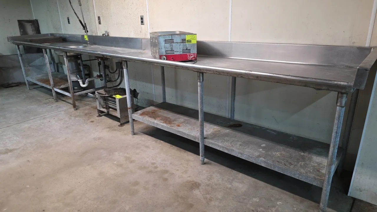 Stainless steel wash table. Features an integrated round scrap sink, overhead pre-rinse spray faucet, commercial garbage disposal, rear backsplash, an