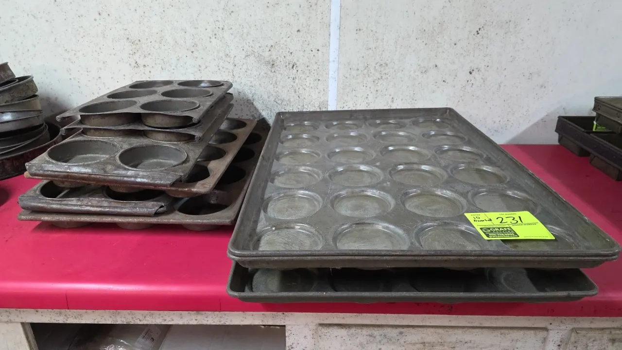 Assortment of commercial bake pans. Features metal construction. Includes multi-cavity muffin, tart, and bun pans in various configurations.