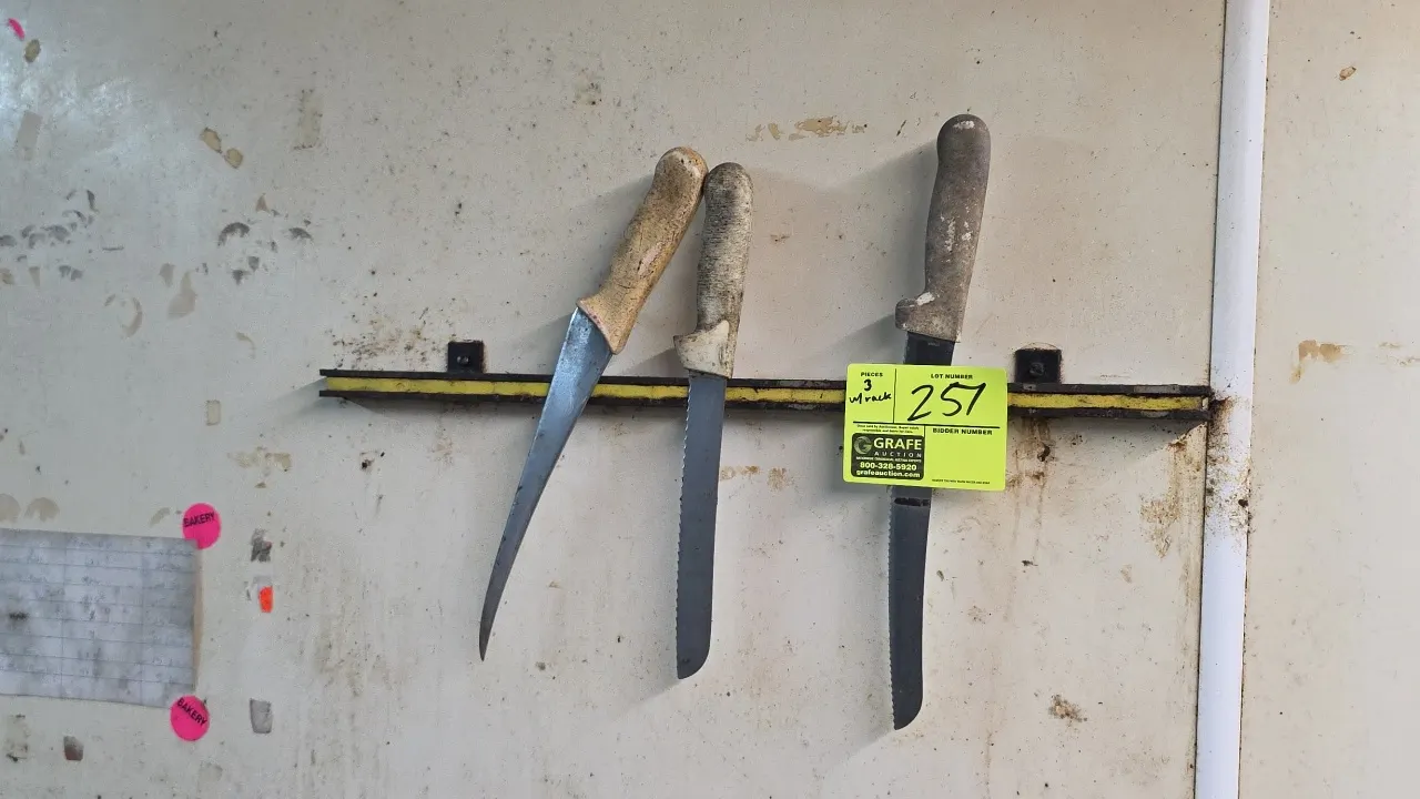 Assorted commercial knives with magnetic rack. Includes curved butcher/breaking knife and serrated slicing knives with composite handles, along with a