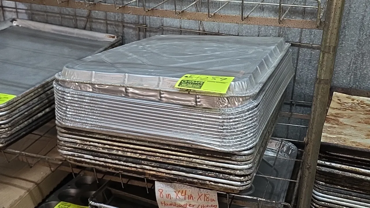 Full-size aluminum sheet pans. Features heavy-duty aluminum construction with wire-reinforced rolled rims. Includes commercial sheet pans and disposab
