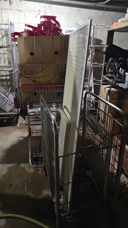 Assorted store equipment package lot. Includes utility carts, shopping carts, pan rack, metal frame glass cooler doors, pedestal table, and a Sentry c