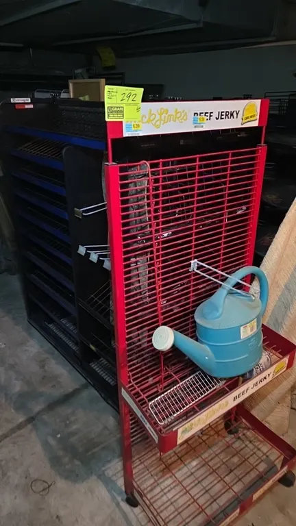 Assorted retail fixtures and equipment package lot. Includes assorted metal and wire merchandising display racks, branded retail racks, loose shelving