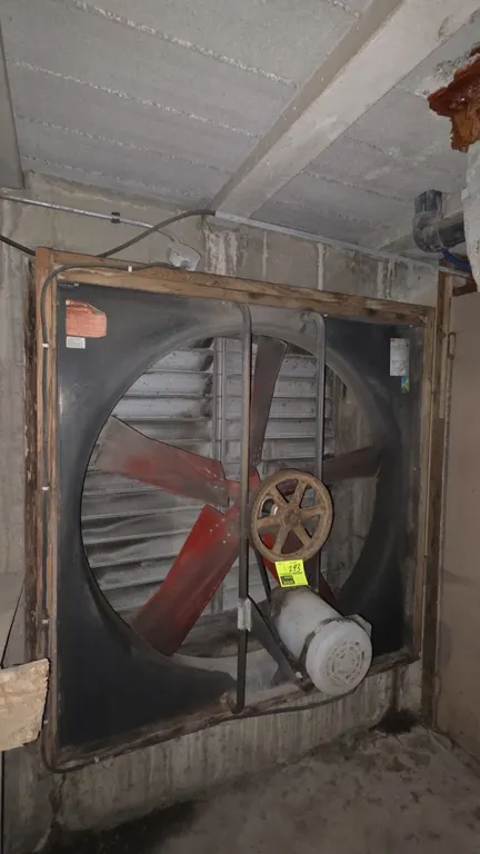 Dayton 3CC77 48" belt drive exhaust fan. Features a 6-blade propeller, drive pulley, mounted electric motor, and rear shutter louvers. Framed in a squ