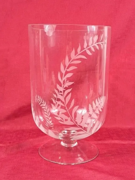Beautiful Fern Etched Footed Glass Hurricane -
