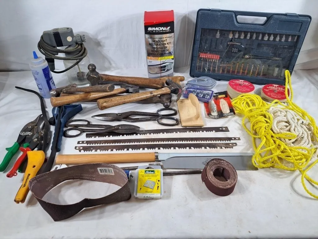 Various Saws, Sand Papers, Hammers, Chalk Line,