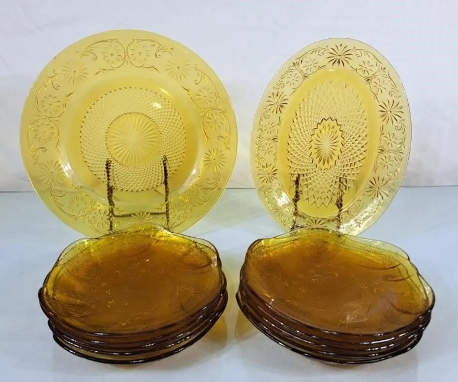 Vintage Amber Glass Serving Pieces & Side Plates