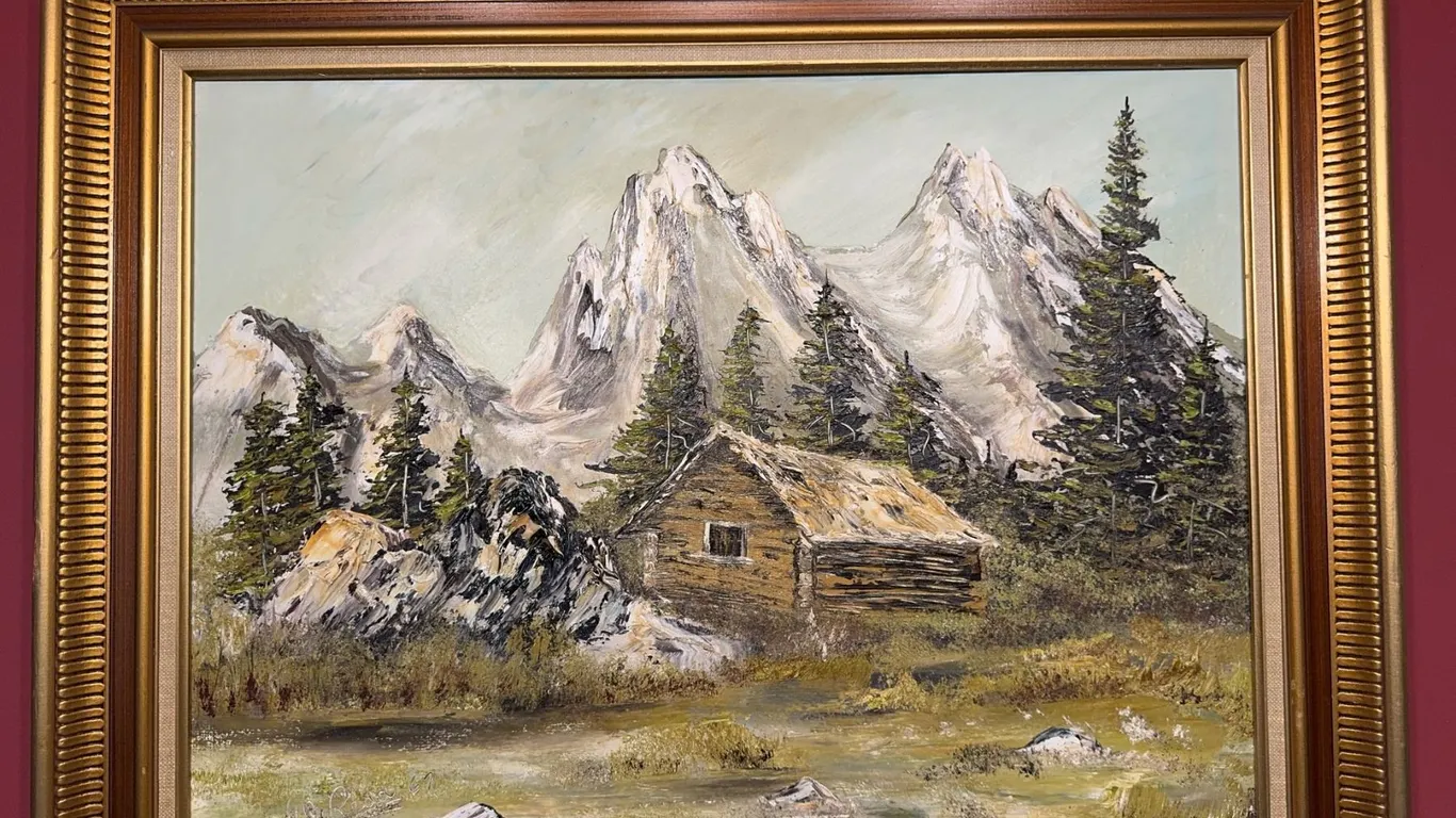 Signed Landscape Oil Painting of Mountain Cabin, Framed, 67 x 57 cm