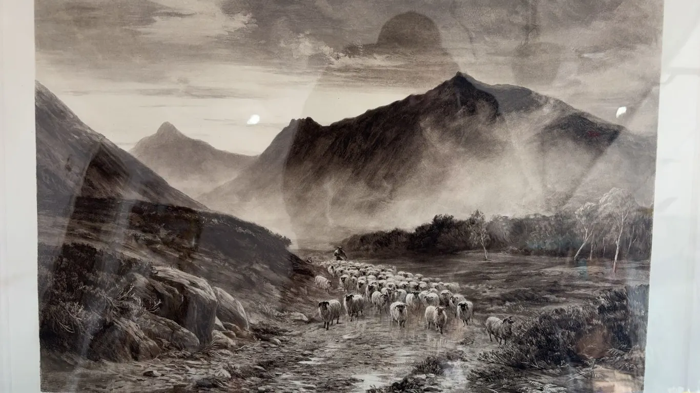 The Peaks of Arran Framed Print, After J. MacWhirter, Profile of Sheep and Shepherd