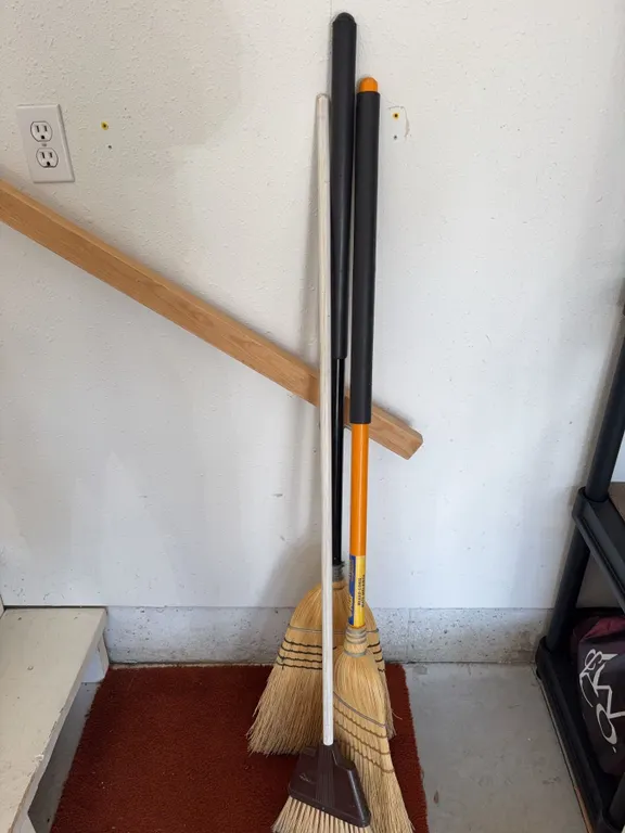 Yard Tool Lot: Two Push Brooms, Garage Broom, Two Snow Shovels, 67-Inch Handle