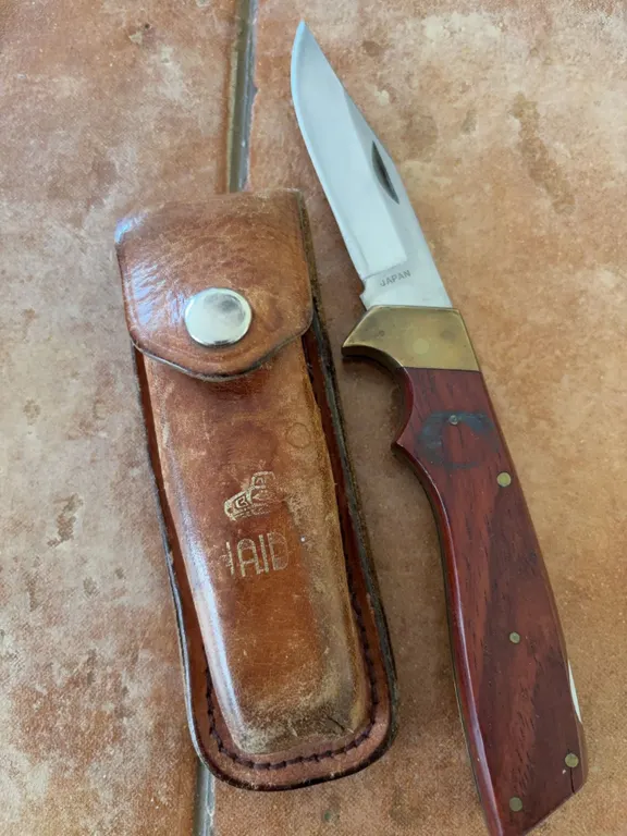Hibben Knives Japan Folding Knife with Wood Handle and Leather Sheath