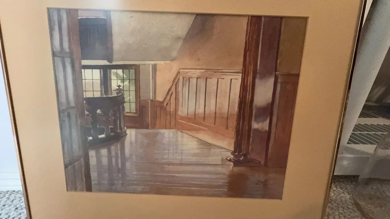 Framed Watercolour of Sunlit Interior Staircase Signed Lower Right