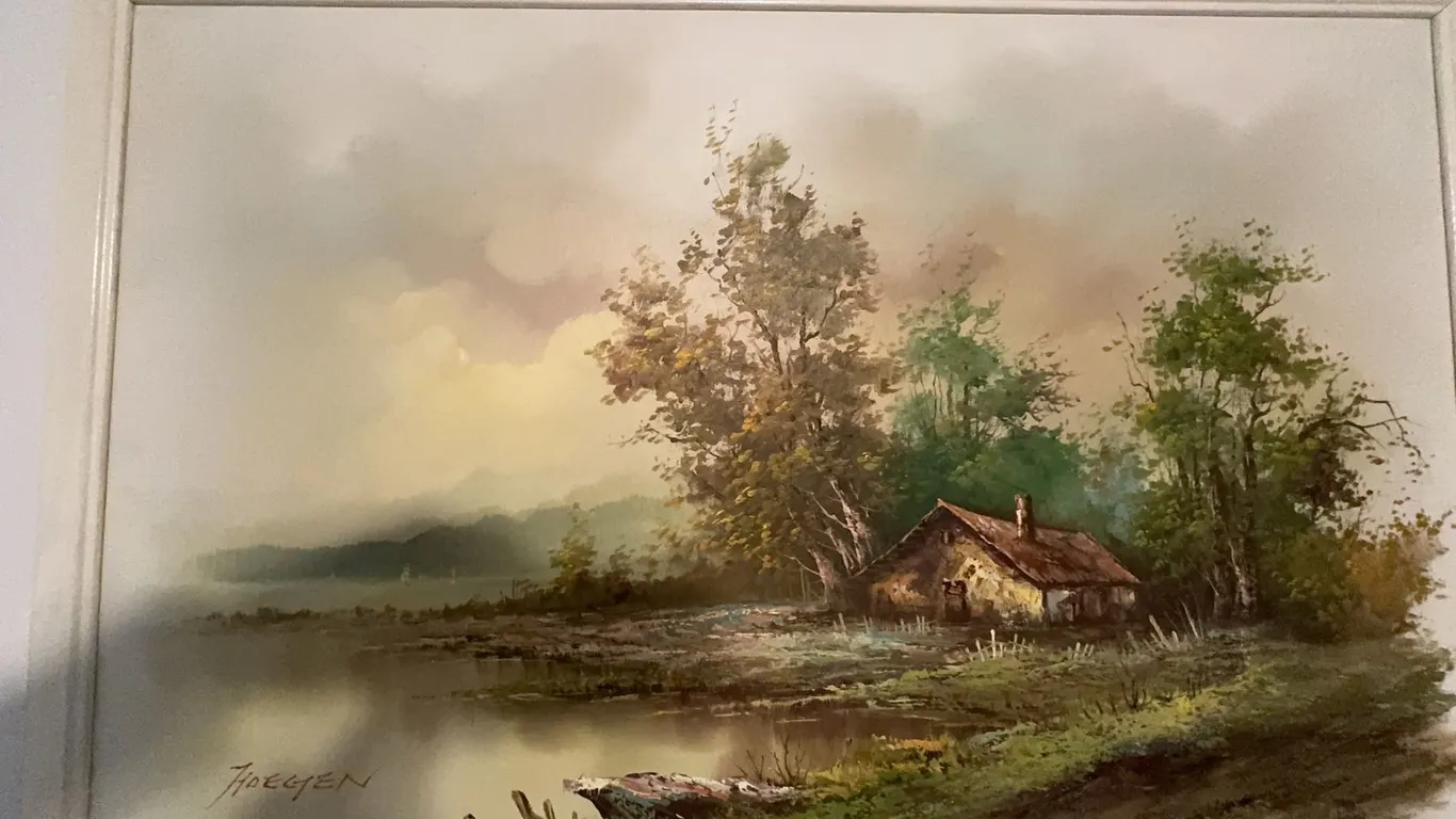Signed Floegen Landscape Oil Painting of Cottage by Pond, Framed, 69x49 cm