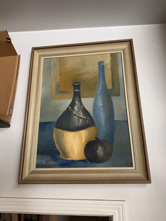 Framed Still Life Painting With Bottles and Fruit, 84 cm x 54 cm
