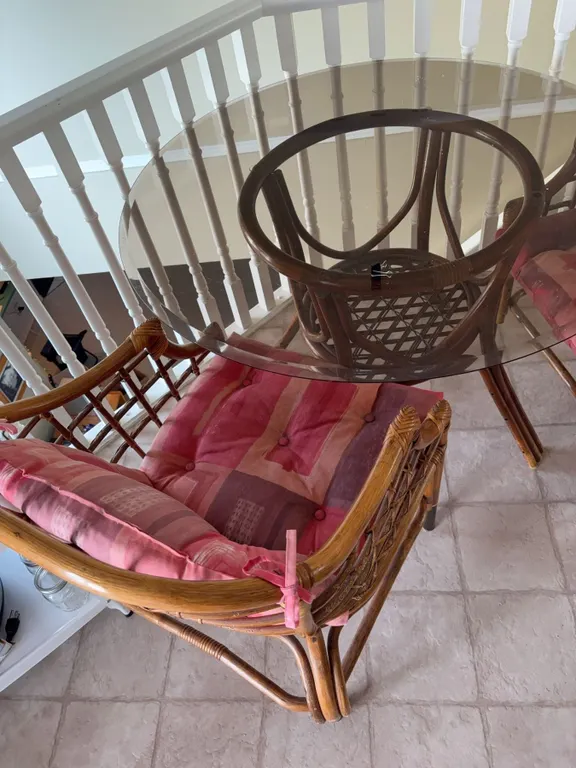 Rattan and Glass Dining Set With four Chairs and Cushions