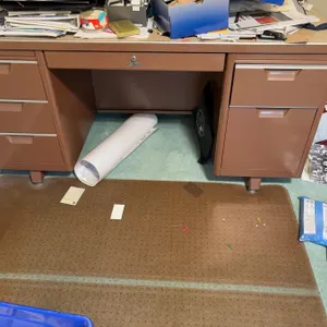 Brown Metal Solid Desk with Five Drawers, Laminate Top, and Accessories