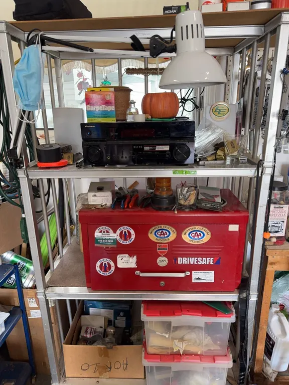 Rogers Bros Metal Garage Shelf Unit With Equipment And Lamp, Tool Box Not Included