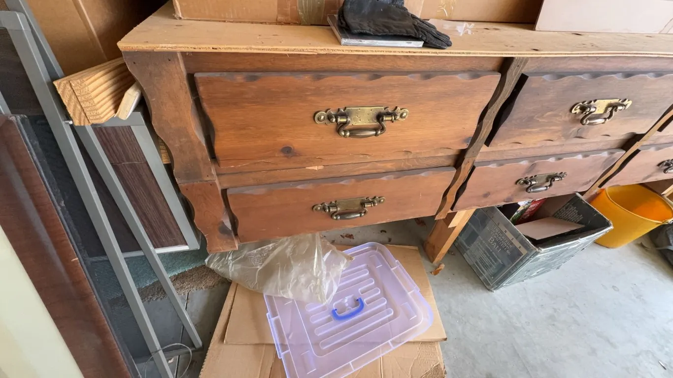 Garage Lot With Wooden Dresser, Metal Shelving, Mini Fridge, Storage Bins and All Contents