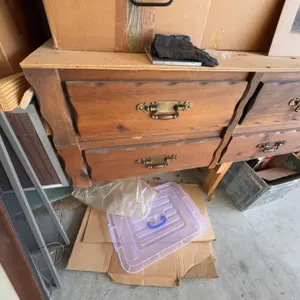 Garage Lot With Wooden Dresser, Metal Shelving, Mini Fridge, Storage Bins and All Contents