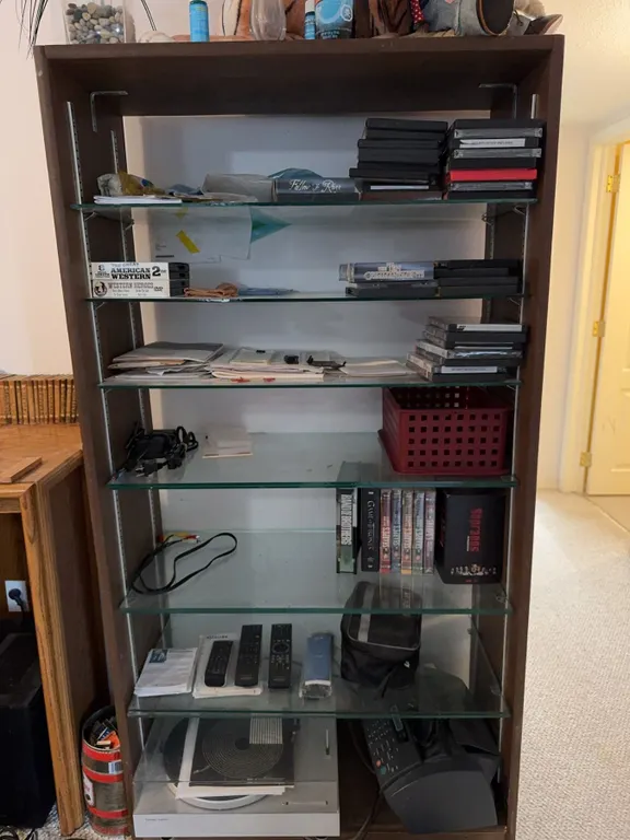 Wood and Glass Shelf Unit With DVDs, Remote Controls, Plush Tiger, and Decor Items