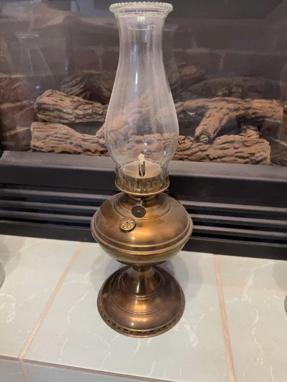 Antique Brass Oil Lamp with Chimney and Decorative Base