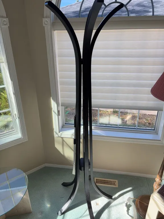 Black Curved Wood Standing Coat Rack, 75 Inches Tall, Modern Design