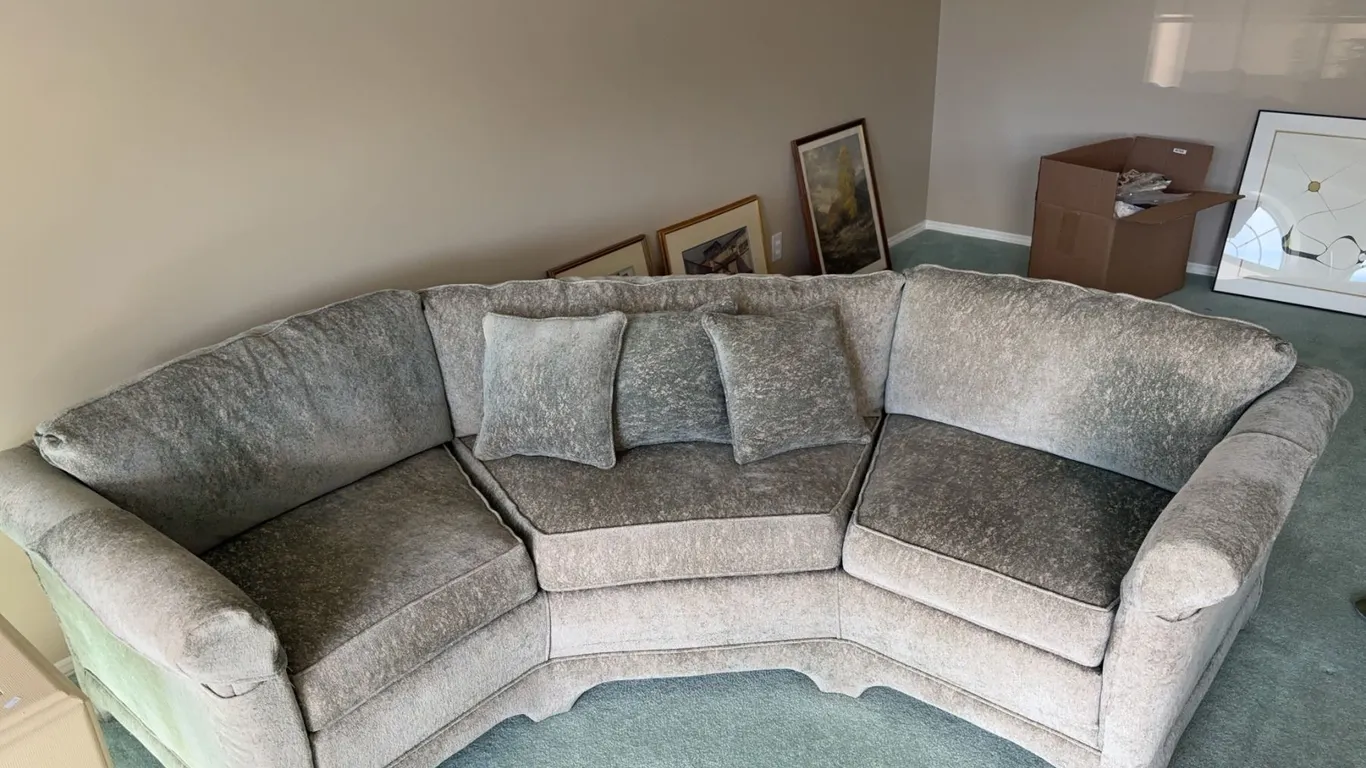 Three-Seat Curved Sectional Sofa With Pillows, Upholstered, 35" Deep, 26" High, 102" Wide