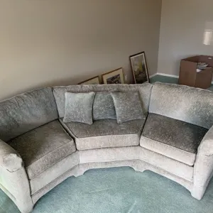 Three-Seat Curved Sectional Sofa With Pillows, Upholstered, 35" Deep, 26" High, 102" Wide