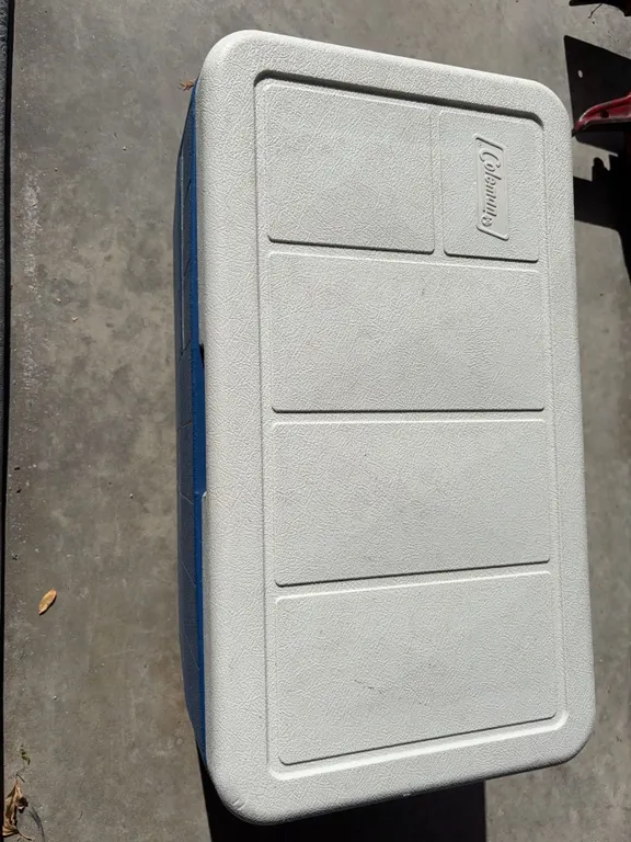 Coleman Cooler With Lid, Folding Blue Beach Chair, Green Striped Lawn Chair