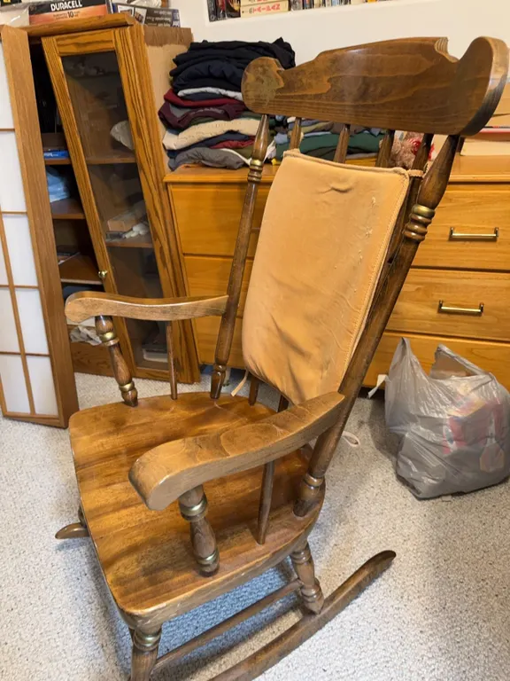 Wooden Rocking Chair With Turned Spindles, Gold Detailing, Cushion Backrest