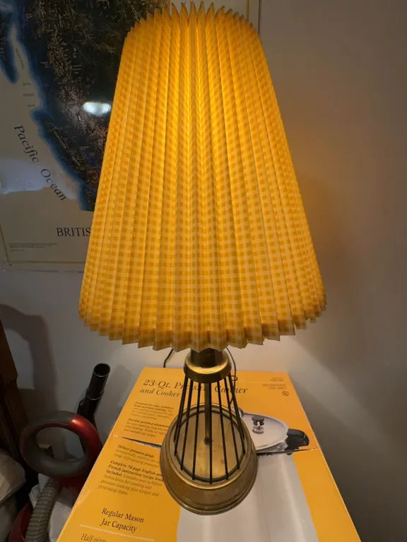 Mid-Century Brass and Black Metal Table Lamp with Pleated Fabric Shade