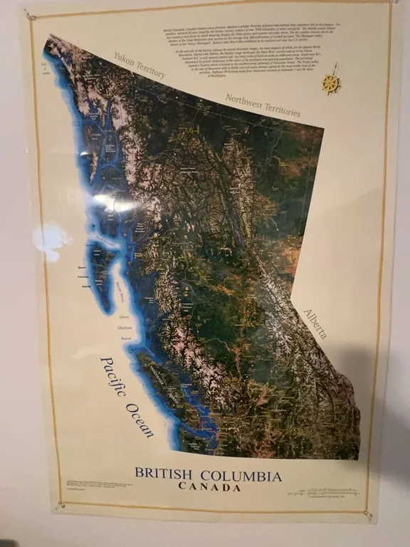 British Columbia Canada Map Poster With Relief Topography Approx. 38x24 Inches
