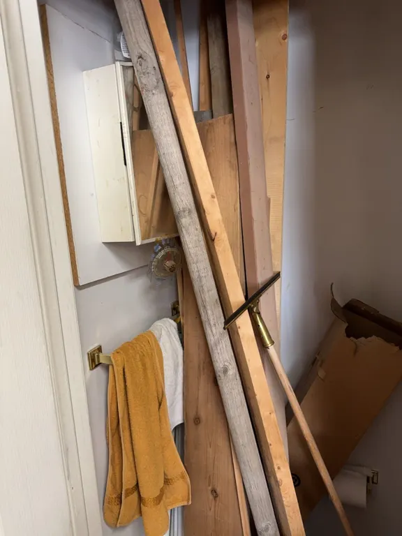 Cleaning Products, Wooden Boards, Blue Tote, Shelving and Sink Lot