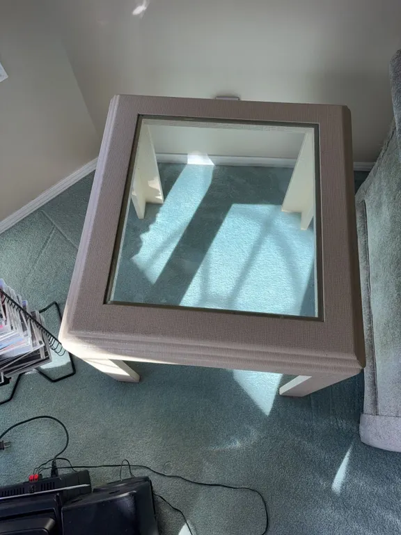 Square Beige Textured Wood and Glass-Top Side Table, 26.5" x 26.5", 18.5" High