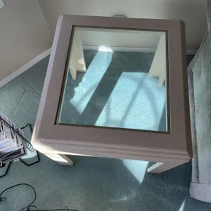 Square Beige Textured Wood and Glass-Top Side Table, 26.5" x 26.5", 18.5" High