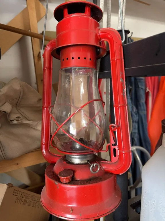 Red Metal Kerosene Lantern with Glass Globe and Handle