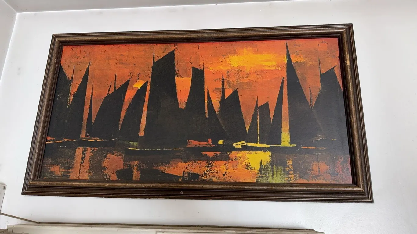 Framed Abstract Sailing Boat Painting on Canvas with Vibrant Orange and Yellow Background