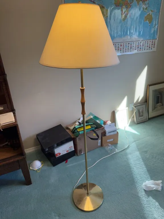 Brass and Wood Floor Lamp with White Shade, 57 Inch Height