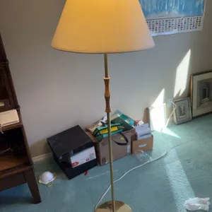Brass and Wood Floor Lamp with White Shade, 57 Inch Height