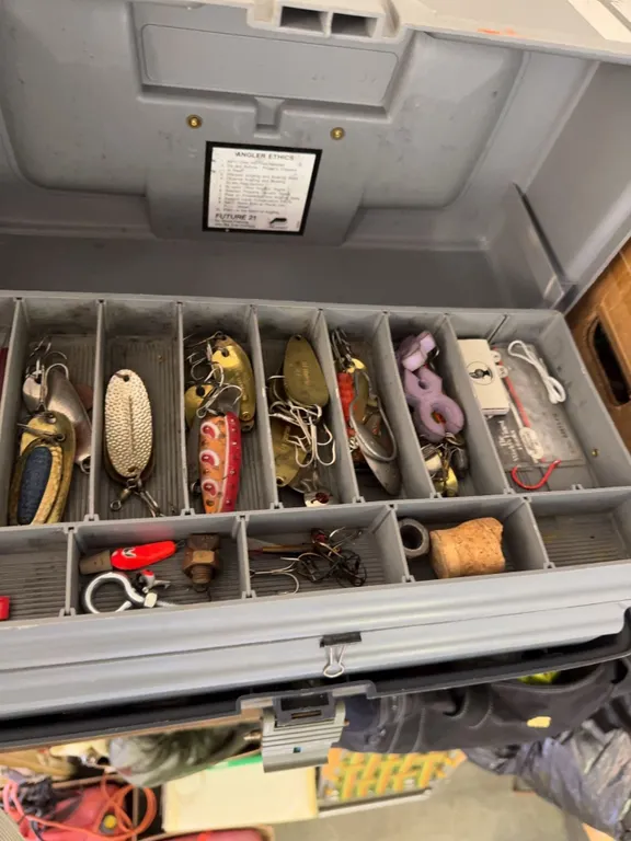 Plano Tackle Box With Assorted Fishing Lures, Bobbers, Hooks, And Accessories
