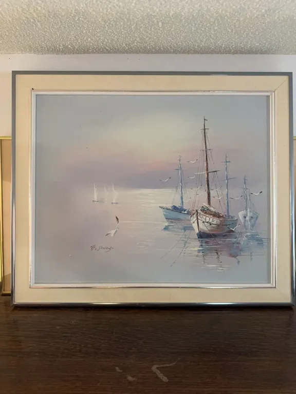 Seascape Painting Signed by Artist G. Stafrace, Framed, 48x42 cm