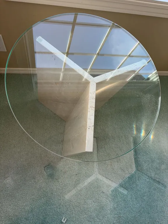 Round Glass Top Side Table with Travertine Stone Base, 18" Diameter and 20.5" Height