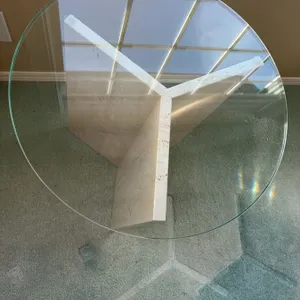 Round Glass Top Side Table with Travertine Stone Base, 18" Diameter and 20.5" Height