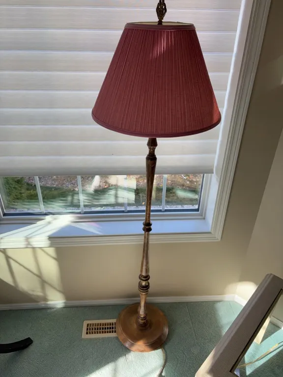 Wood Floor Lamp With Red Pleated Fabric Shade, 62 Inches High, Dual Socket