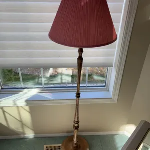 Wood Floor Lamp With Red Pleated Fabric Shade, 62 Inches High, Dual Socket